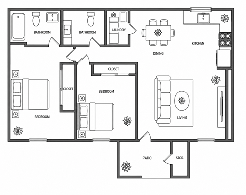 Floor plan for 2 beds, 2 baths, 925 sqft